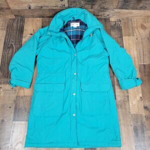 LL Bean Coat Womens Medium Vintage Full Length Plaid Wool Lined Jacket C685 Teal